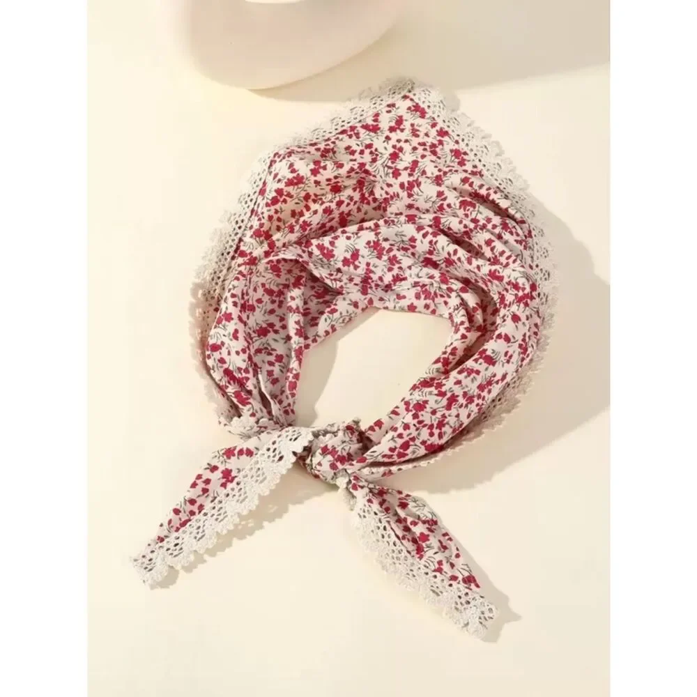 Floral Lace-Trim Bandana Scarf in Cream and Red - Picture 4 of 7